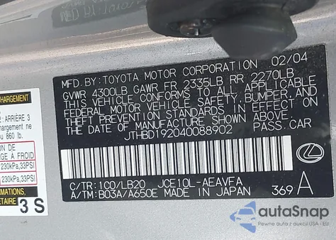 2004 Lexus Is 300 из США, поврежденный, VIN JTHBD192040088902